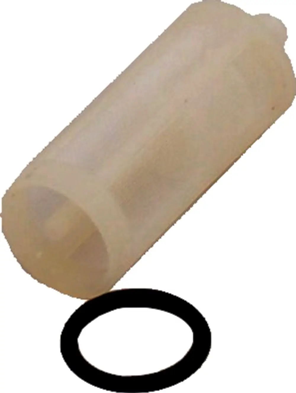 Transparentes Filterelement mit passendem O-Ring, geeignet für Anwendungen in Ölpumpen. Produkt von Wolf.